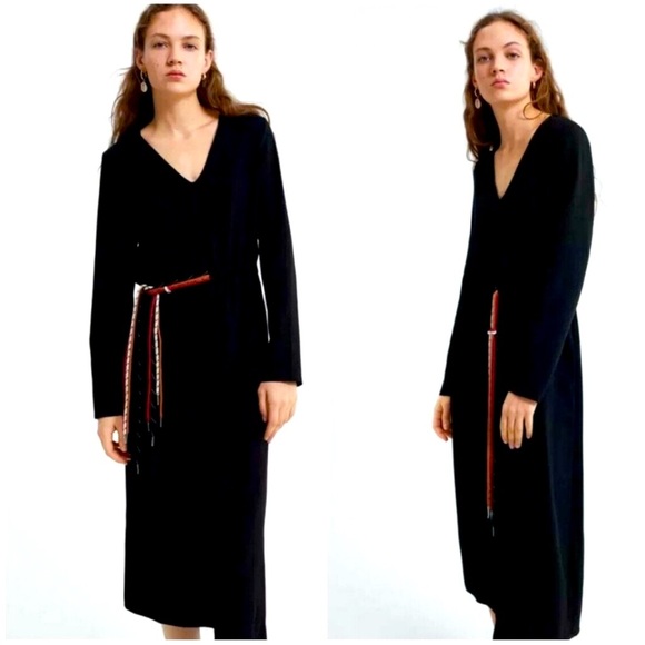 Zara Dresses & Skirts - Zara black long sleeve midi dress with colorful strings
